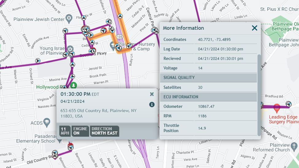 Detailed vehicle and driver data including GPS, speed, direction, odometer, RPM, and more.
