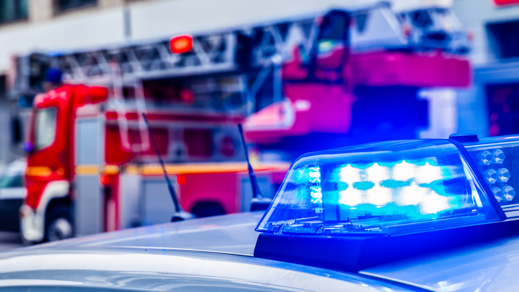 Police car lights and fire truck.